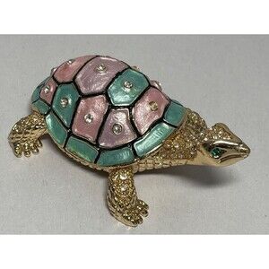 QIFU Jeweled Enamel Metal Turtle Tortoise Trinket Box Hinged Lid Pink Green